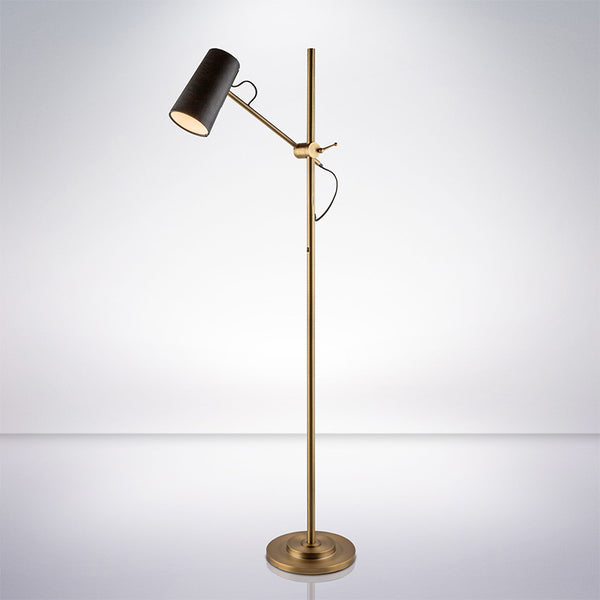 Contemporary Art Design Adjustable Floor Lamp In Antique Brass Finish For Living Room Bedroom Decor With Black Leather Shade