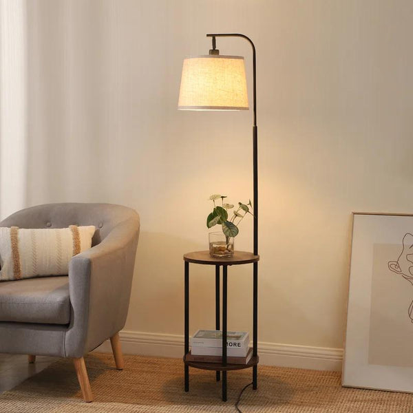 Modern Luxury 62" Adjustable Swing Lamp Head Floor Standing Lamp In Black Finish With Double Storage Shelves